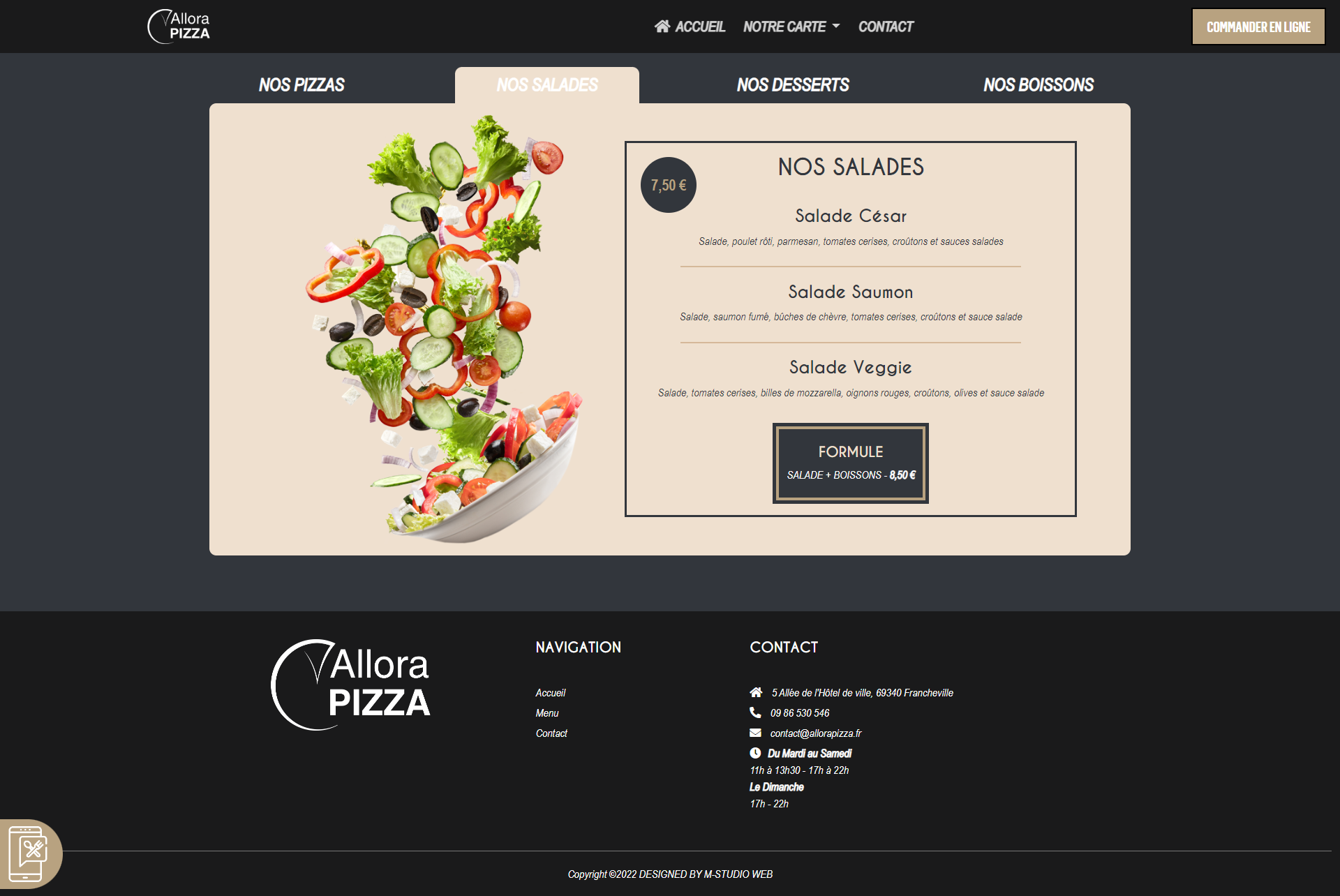 Capture d'écran du site Allora Pizza